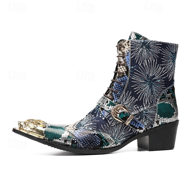 Men's Blue and Green Snake Print Western Boots with Gold Accents – Unique and Trendy Footwear for Fashion-Forward Men, Perfect for Special Occasions3