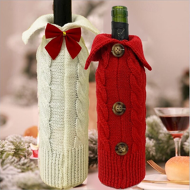 Christmas Wine Bottle Bag Knitted Red Wine Bottle Cover Decorative Holder For Holiday Party Supplies Home Decoration Christmas Ornament Gift Wrapping Accessories