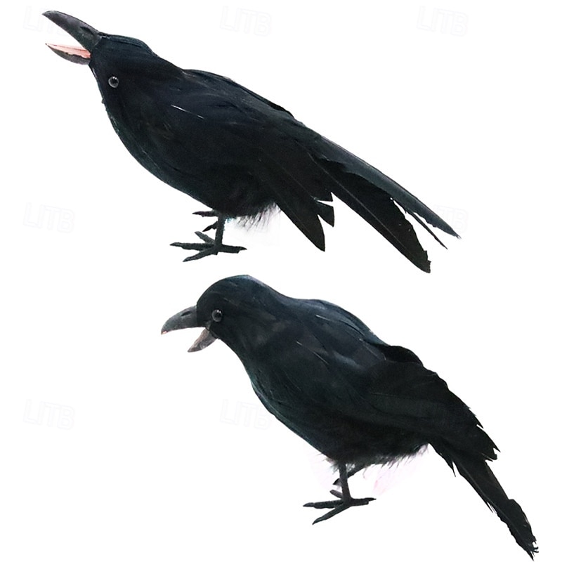 2 Pack Halloween Black Feathered Crows, Black Crows with Real Feather Halloween Decoration for Indoor Outdoor(26*6*12cm)