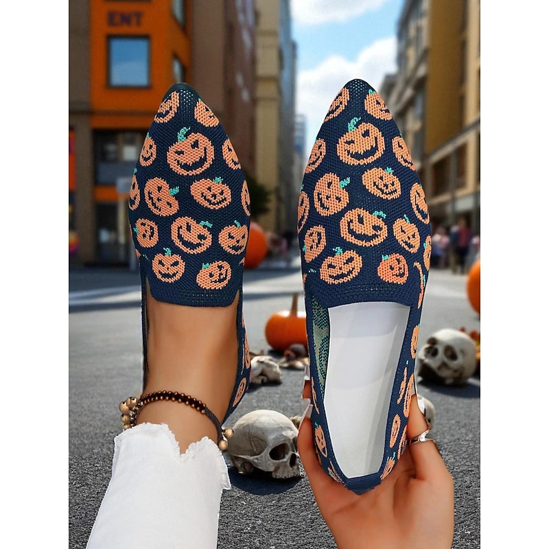 Women's Halloween Knit Pumpkin Print Pointed Flats – Soft Breathable Casual Shoes for Trick or Treat Events and Holiday