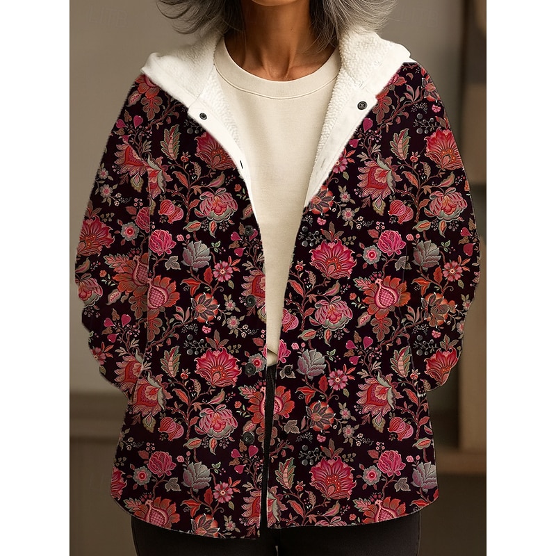 Women's Winter Coat Winter Jacket Fleece Jacket Windproof Warm Pocket Buttons Casual Floral Vacation Home Casual Daily Regular Hooded Regular Fit Long Sleeve Outerwear Pink Blue Orange Winter2