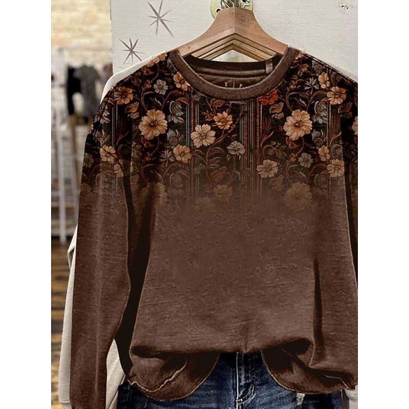 Women's Pullover Sweatshirt Floral Graphic Casual Long Sleeve Crew Neck Regular Tops Home Work Street Brown Fall Winter2