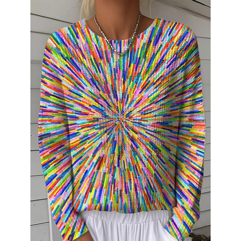 Women's Sweater Pullover Daily Casual Graphic Color Gradient Ribbed Crew Neck Knitted Print Long Sleeve Regular Tops Knit Outdoor Weekend Rainbow Fall Winter