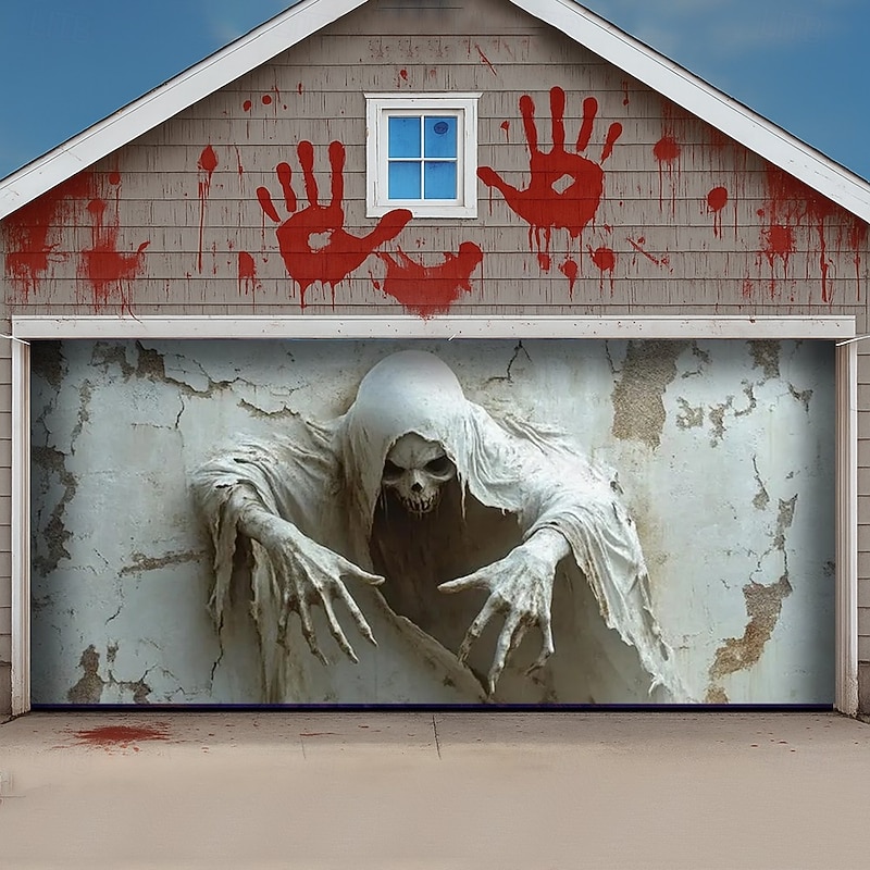 Halloween Garage Door Cover 3D Relief Grim Reaper with Hooded Cloak Banner Haunted House Horror Scene Spooky Backdrop Tapestry for Outdoor Wall Fence Yard Halloween Party Decoration2