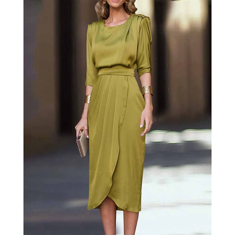 Women's Midi Dress Cocktail Dress Satin Dress Formal Dress Elegant Dress Elegant Fashion Modern Outdoor Office Regular Fit Plain Long Sleeve Crew Neck Wine Green Fall Winter2
