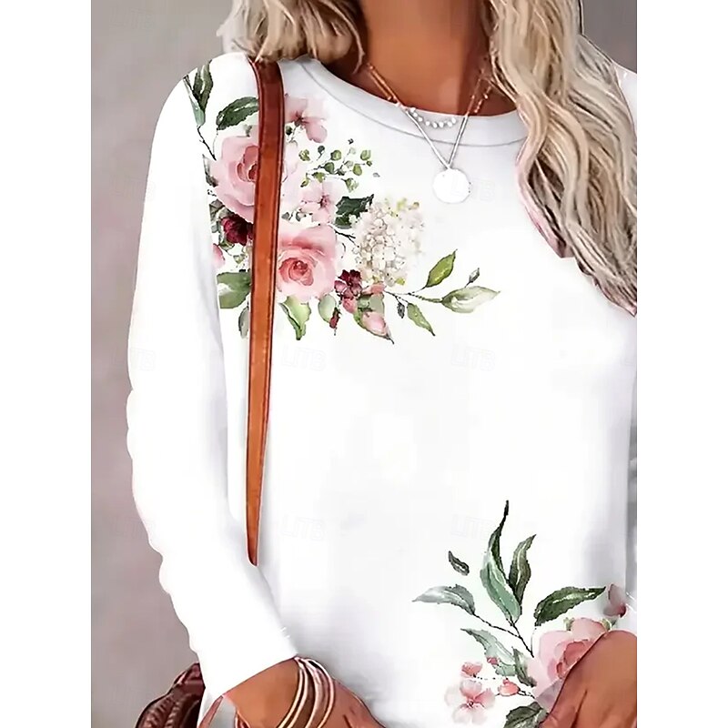 Women's T Shirt Floral Graphic Plants Vintage Stylish Classic Long Sleeve Crew Neck Round Neck Regular Tops Daily Print White Spring Fall Winter3