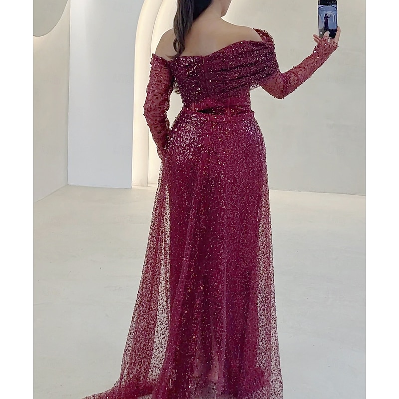 Red Black Sheath / Column Evening Gown Elegant Formal Dress Formal Wedding Floor Length Long Sleeve One Shoulder Sequined with Glitter 20254