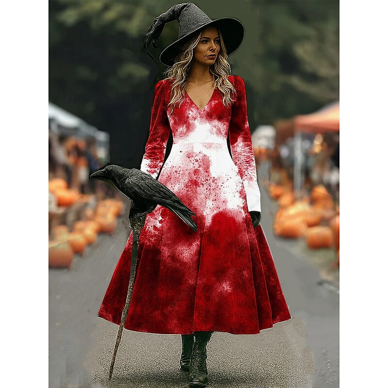 Halloween Women's Midi Dress A Line Dress Vacation Casual Boho Beach Regular Fit Graphic Abstract Long Sleeve V Neck White Dark Red Wine Brown Spring Fall Winter2