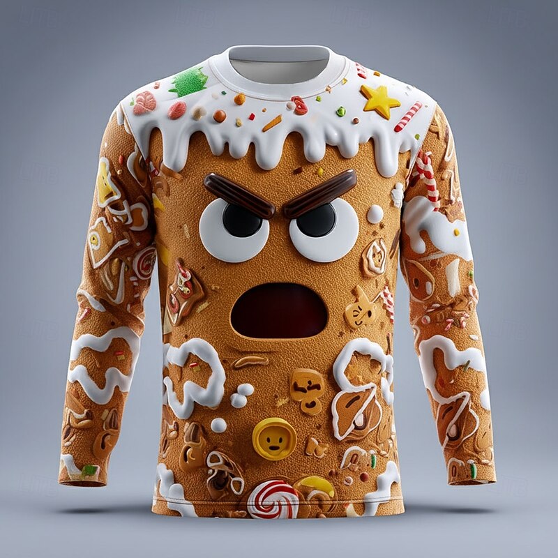 Christmas Men's 3D Gingerbread T Shirt Long Sleeve T shirt 3D Print Crew Neck Shirt Fashion Basic 3D Street Casual Daily Brown Brown 2 Brown 4 Summer Spring Clothing Apparel S M L XL XXL XXXL