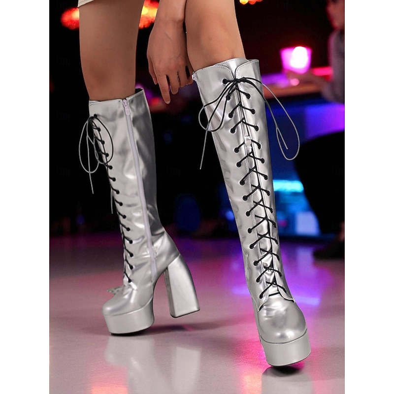 Women's Silver Metallic Knee High Lace-Up Boots - Platform Chunky Heel Party Shoes for Nightlife, Clubwear and Dance Events2