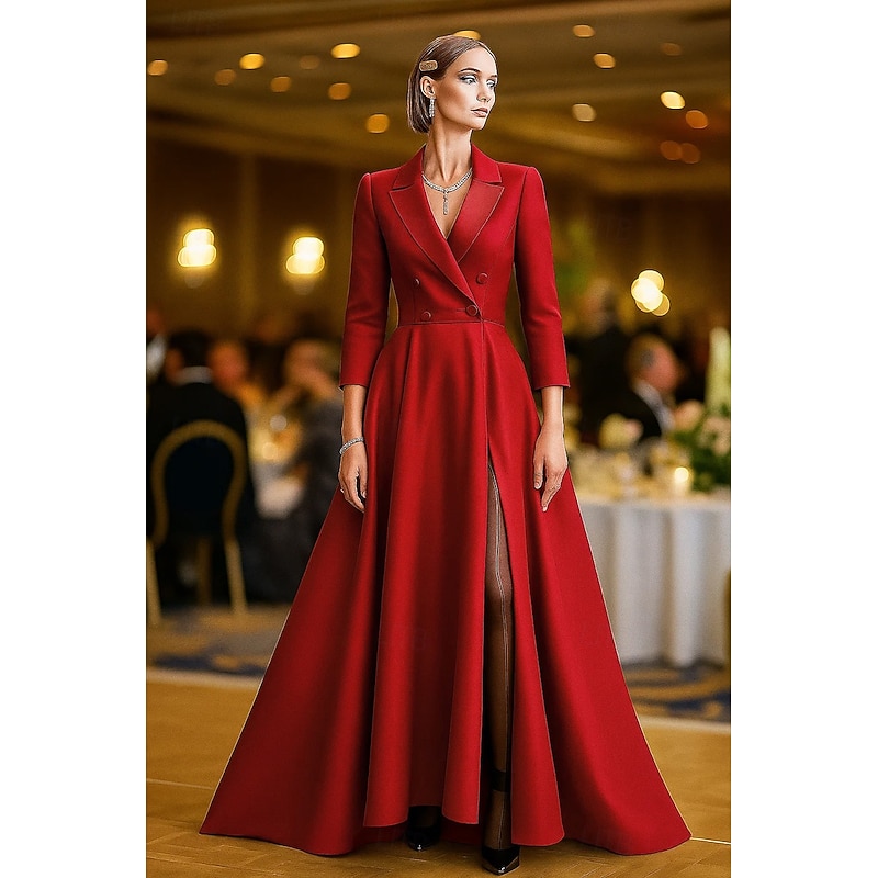 Tuxedo Dress A-Line Formal Wedding Guest Stretch Satin Elegant Celebrity Style 3/4 Sleeve Pleated Floor Length Notched Lapel Double Breasted