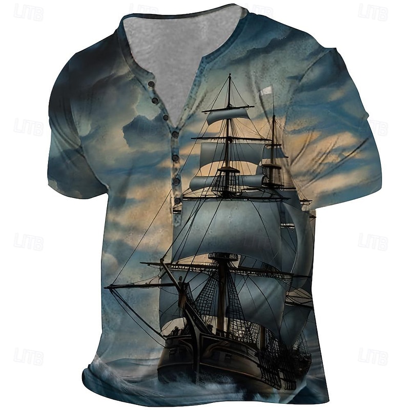 Men's Boat T Shirt Short Sleeve 3D Print Vintage Daily Summer Spring Fall Red Blue Henley Collar Henley T-Shirt