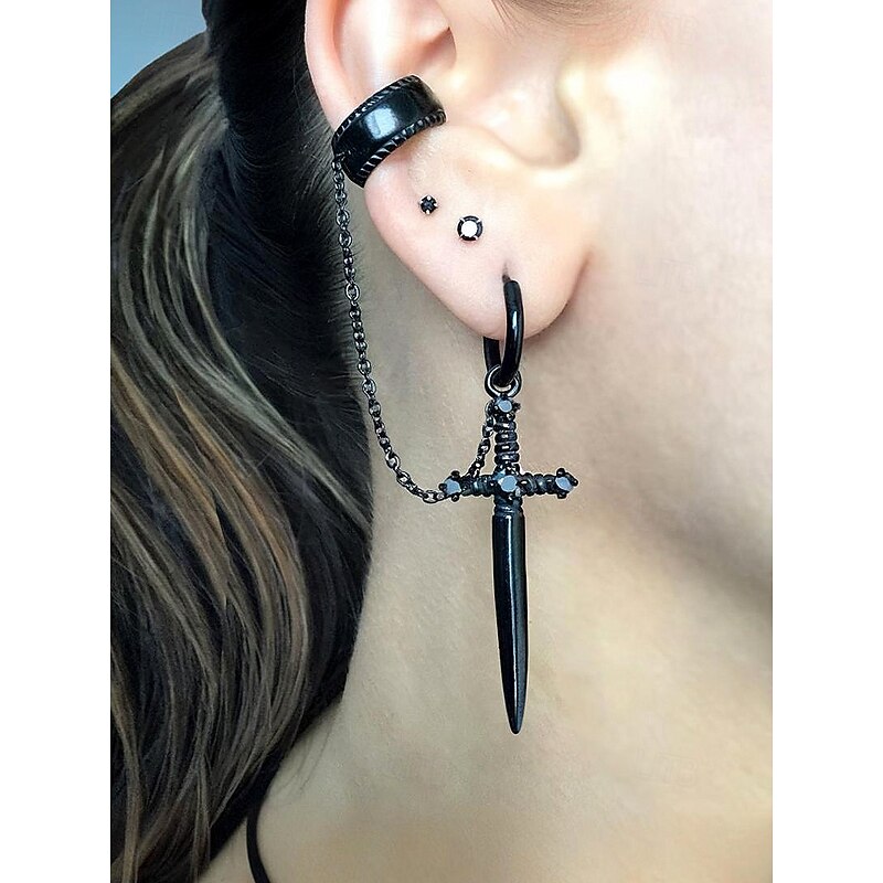 Women's Halloween Gothic Dagger Chain Earrings – Punk Rock Alloy Ear Cuff Jewelry for Parties and Cosplay