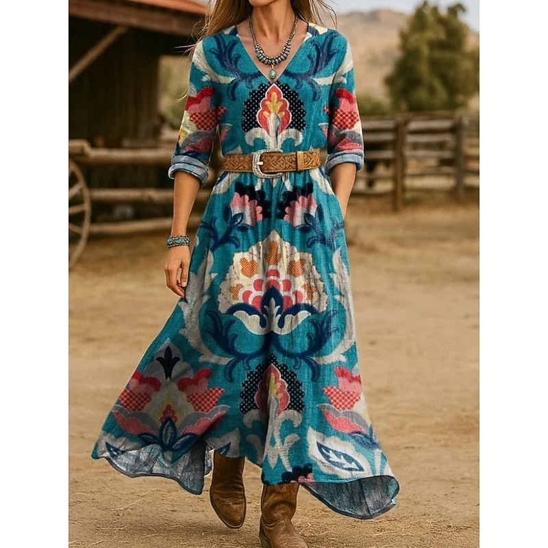 Women's Maxi Dress A Line Dress Vacation Casual Boho Going out Beach Regular Fit Floral Graphic Paisley Long Sleeve V Neck Blue Light Purple Brown Green Spring Fall Winter