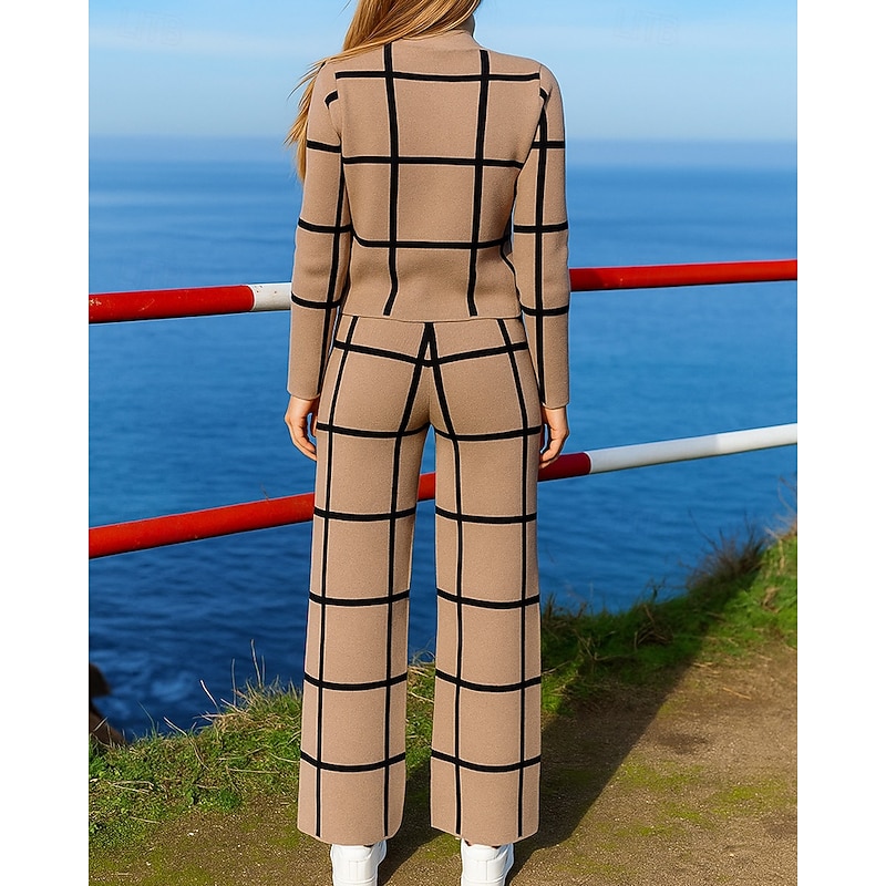 Women's Pullover Sweatsuit Sets 2 Piece Tracksuit Lounge Outfits  with Pocket Plaid Checkered Clothing Suit Fall White Green Hiking Vocation Outdoor Fashion Long Sleeve Sport Activewear Micro-elastic2