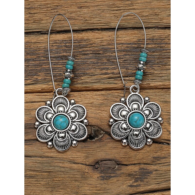 Women's Bohemian Flower Dangle Earrings with Turquoise Stone, Vintage Alloy Drop Earrings for Casual Wear, Beach and Parties3