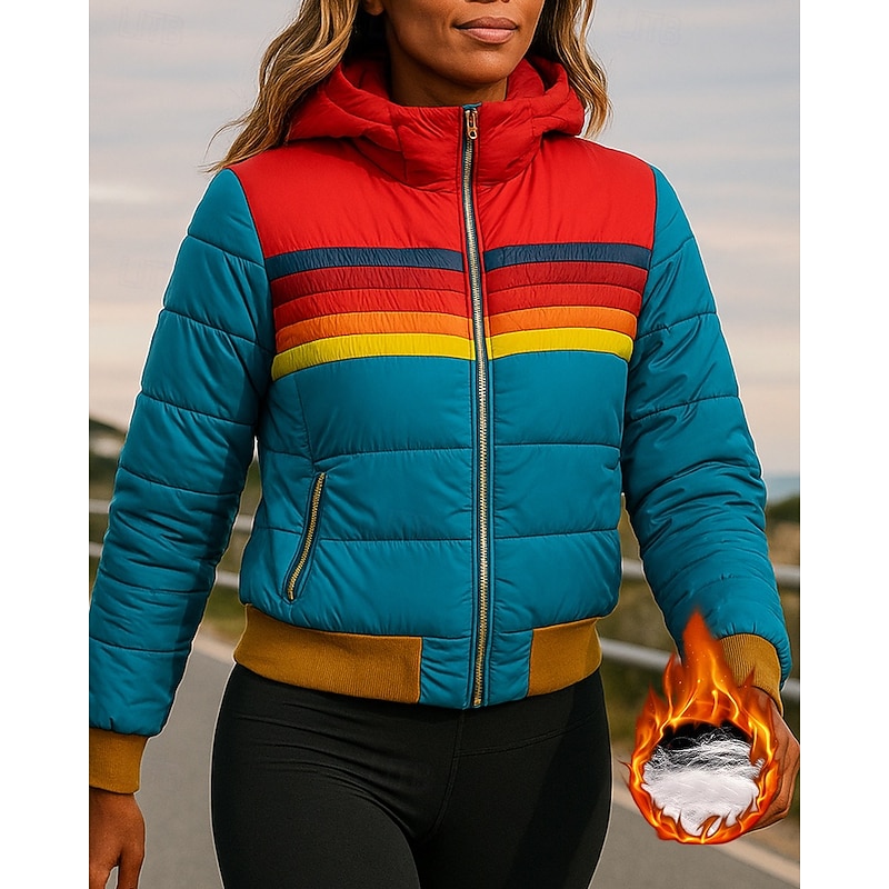 Women's Winter Coat Puffer Jacket Zip Up Pocket Long Sleeve Top Athleisure Fall Striped Cotton Windproof Warm Outdoor Travel Vacation Sportswear Activewear Black Blue Dark Blue4