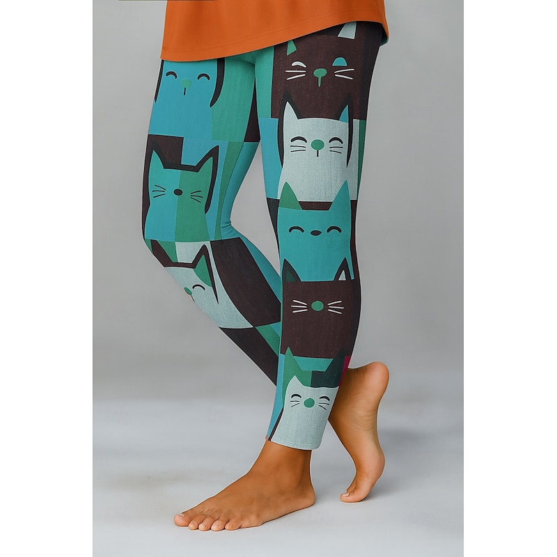 Women's Leggings Vacation Vintage Ethnic Style Full Length High Waist Graphic Cat 3D Print Quick Dry Breathability Soft Stretchy Outdoor Home Causal Black Blue Orange Green Fall Skinny3