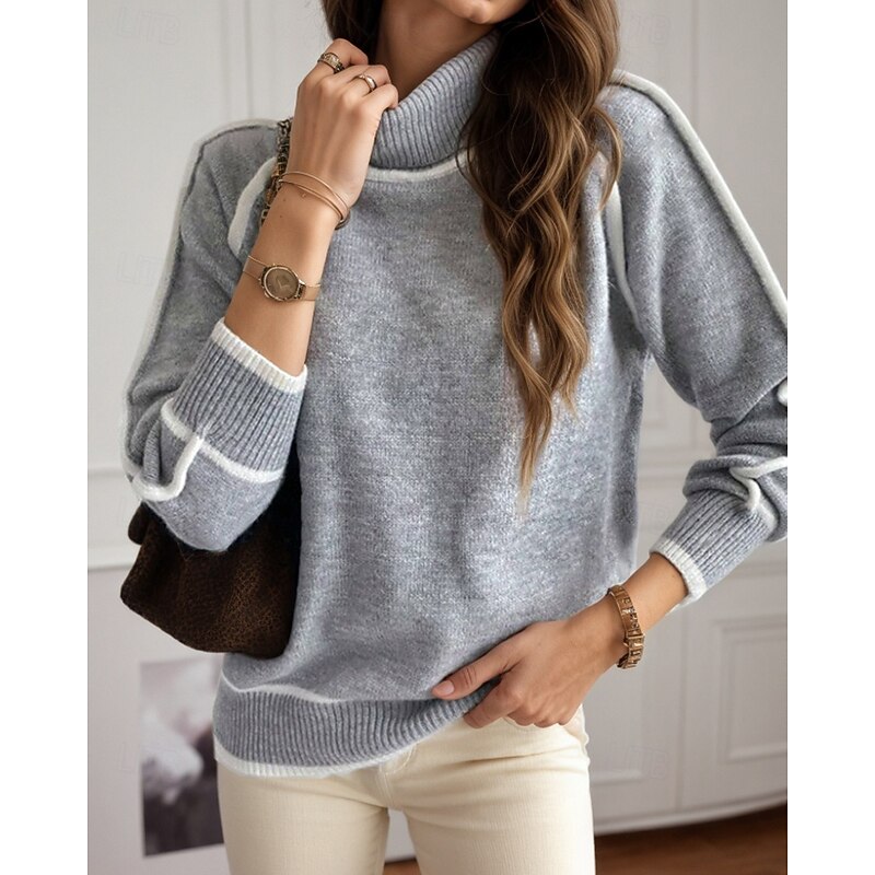 Women's Sweater Pullover Streetwear Casual Color Block Turtleneck Patchwork Knitted Long Sleeve Regular Tops Knit Outdoor Daily Going out Black Yellow Fall Winter3