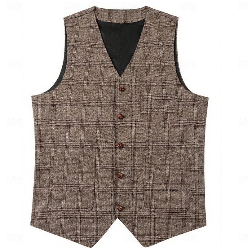 Men's Vest Tweed Vest Waistcoat Formal Wedding Vacation Casual Fashion Classic Spring Fall Pocket Buttons Polyester Woven Comfortable Plaid Single Breasted V Neck Regular Fit Black Champagne Navy2