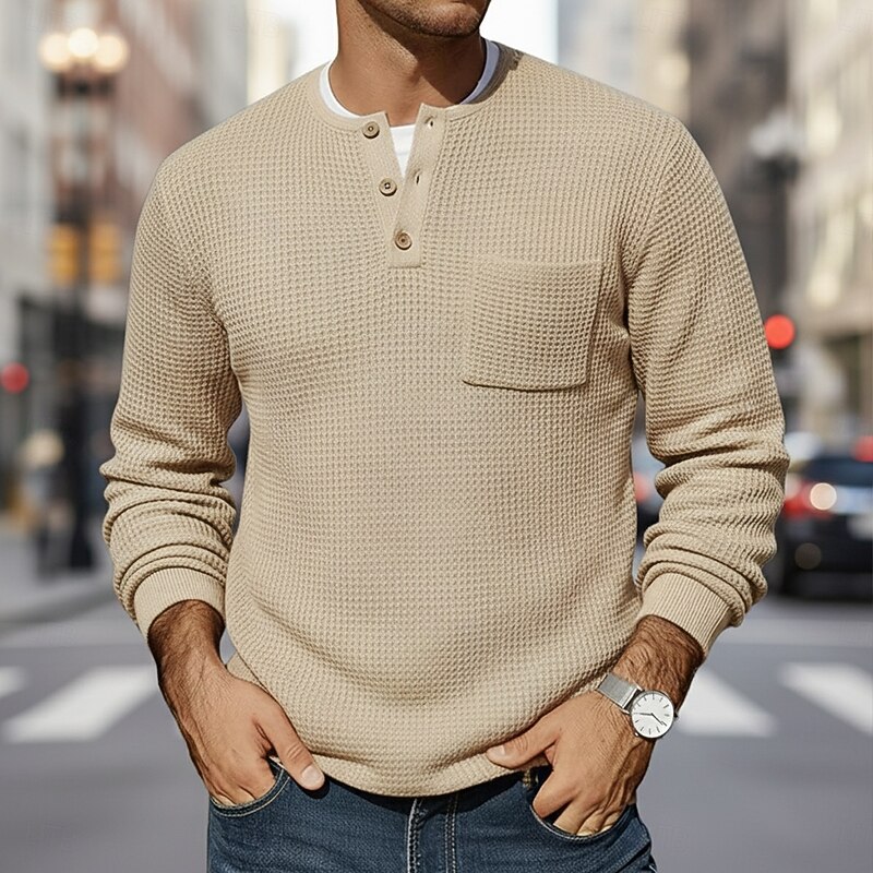 Men's Waffle T-shirt T Shirt Waffle Henley Shirt Long Sleeve Henley Winter Spring &  Fall Solid Color Traditional / Vintage Pockets Plain Outdoor Home Sports & Outdoor Navy Blue Blue Purple Top Tee3