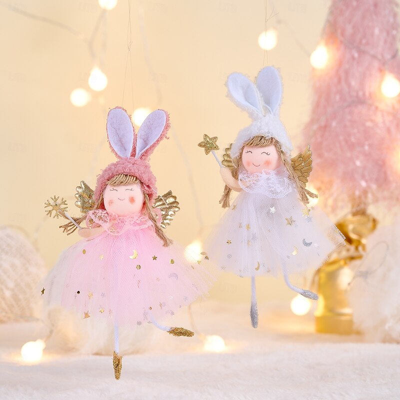 2pcs Christmas Angel Ornaments, Rabbit Ear Angel Hanging Decorations, Tree Ornaments with Wings, Girl Angel Figurines, Holiday DIY Decor