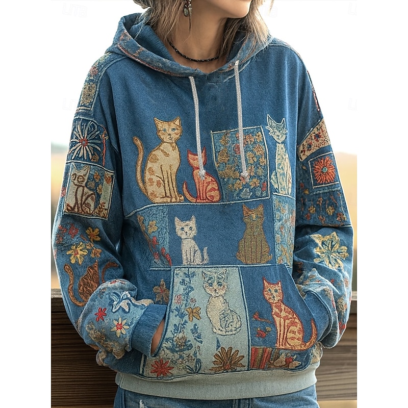 Women's 3D Print Vintage Boho Hoodie Patchwork Hoodie Sweatshirt Floral Pullover Casual Long Sleeve Hooded Street Dailywear Patchwork Print Front Pocket Light Green Dark Pink Navy Spring Fall Winter3