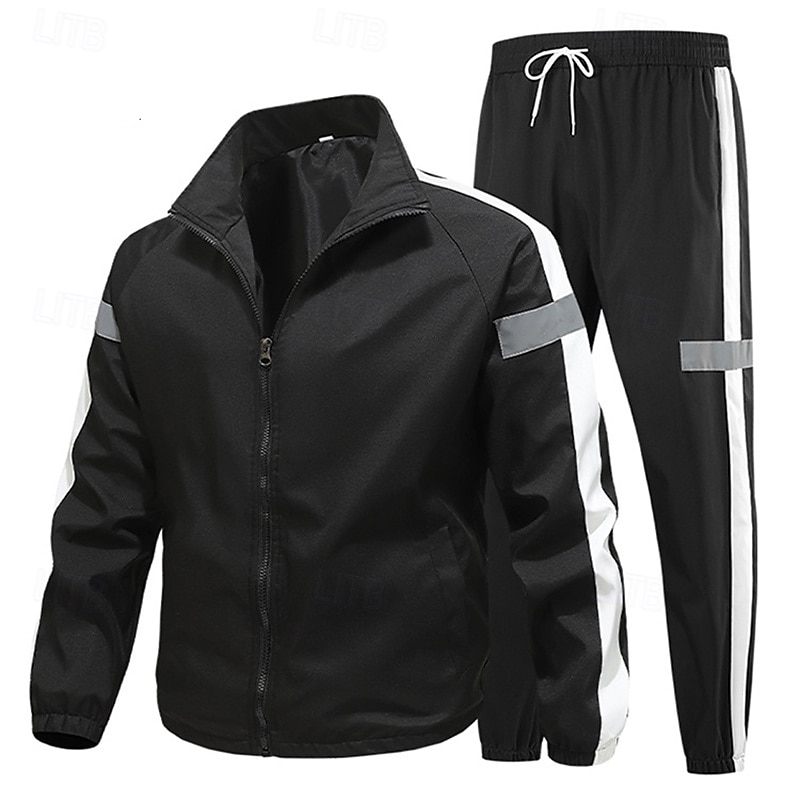 Men's 2 Piece Tracksuit Sweatsuit Sets Sportswear Zip Up Reflective Strip Solid Colored Clothing Suit Spring Black White Gym Workout Running High Waist Lightweight Fashion Long Sleeve Sport Activewear4