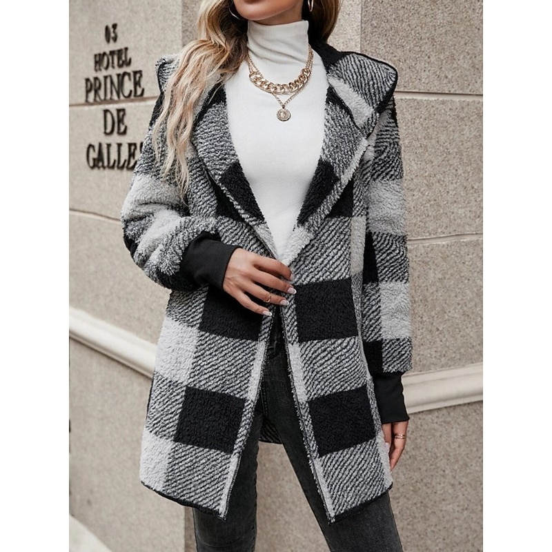 Women's Winter Coat Teddy Coat Comfortable Breathable Print Open Front Casual Plaid Vacation Street Casual Daily Wear Open Front Long Notch Lapel Regular Fit Long Sleeve Outerwear Black Fuchsia Khaki
