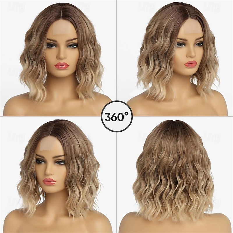 Short Ombre Blonde Wavy Wig for Women 12 Inch Shoulder Length Middle Part Curly Wavy Bob Wig Natural Looking Synthetic Heat Resistant Fiber Wig for Daily Party Use4