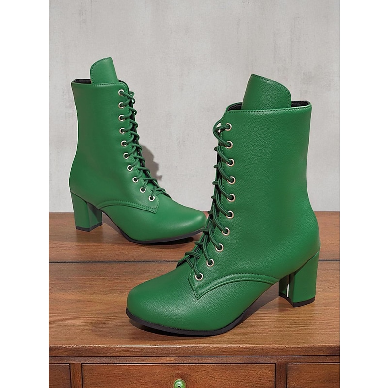 Women's Vintage Style Lace-Up Faux Leather  Ankle Boots with Block Heel,Perfect for Casual & Retro Outfits.3