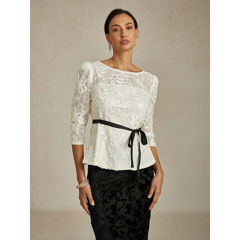 Women's Lace Tops Floral Graphic Elegant Stylish Boat Neck Regular Tops White Summer Spring Fall