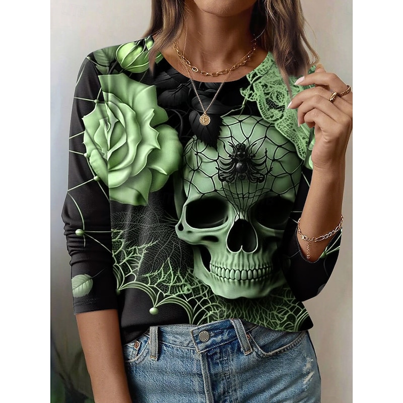 Halloween Women's T Shirt Skulls Graphic Fashion Casual Long Sleeve Crew Neck Round Neck Regular Tops Daily Weekend Print Pink Blue Purple Green Gray Summer Spring Fall4