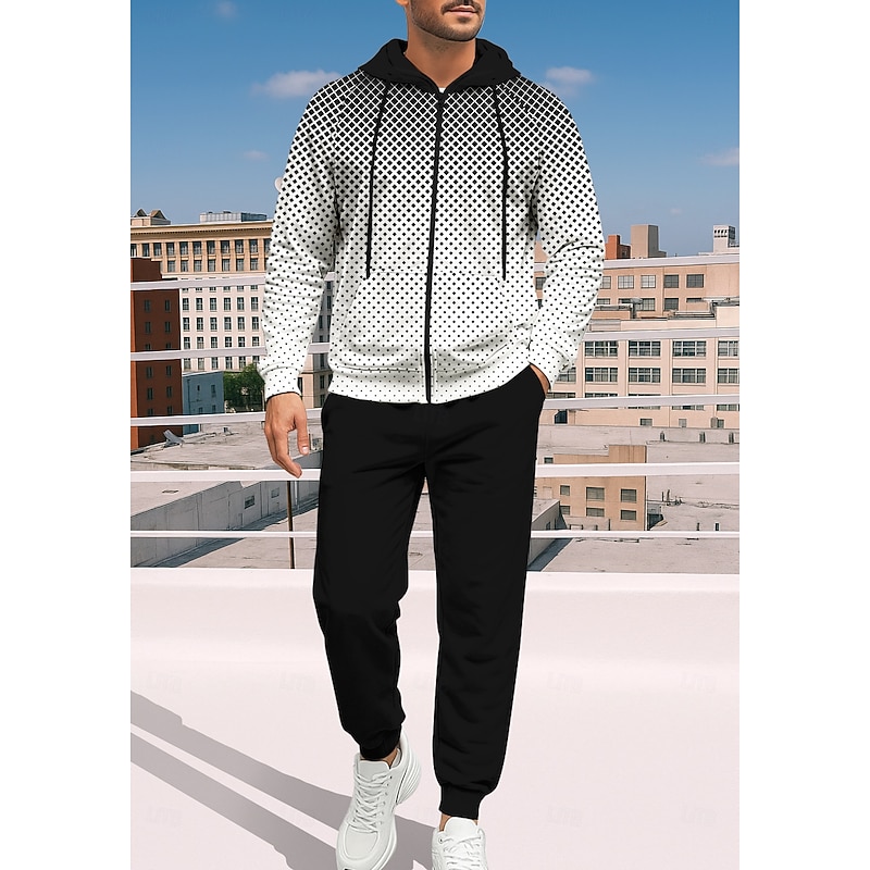 Men's Hoodie Tracksuit Zip Hoodie Drawstring Pockets Geometric Pants Hoodie Sweatshirt Fall Black with White Gym Workout Casual Basketball Baggy Long Sleeve Sport Activewear Stretchy Regular Fit