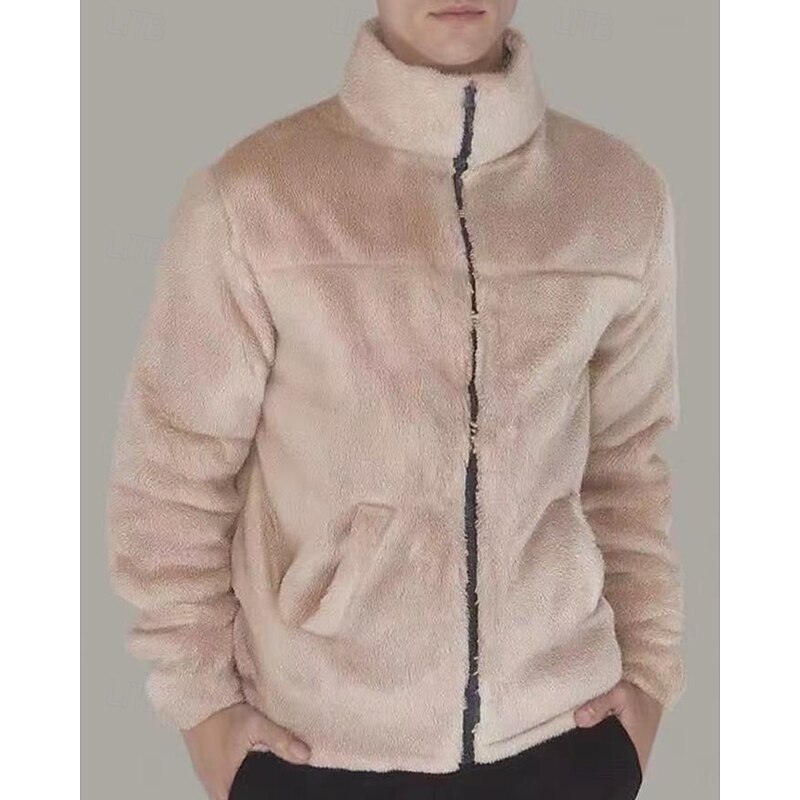 Men's Winter Jacket Teddy Coat Casual Jacket Vacation Daily Thermal Warm Pocket Fleece Fall & Winter Plain Fashion Streetwear Stand Collar Regular Black Navy Blue Brown Khaki Dark Gray Jacket3