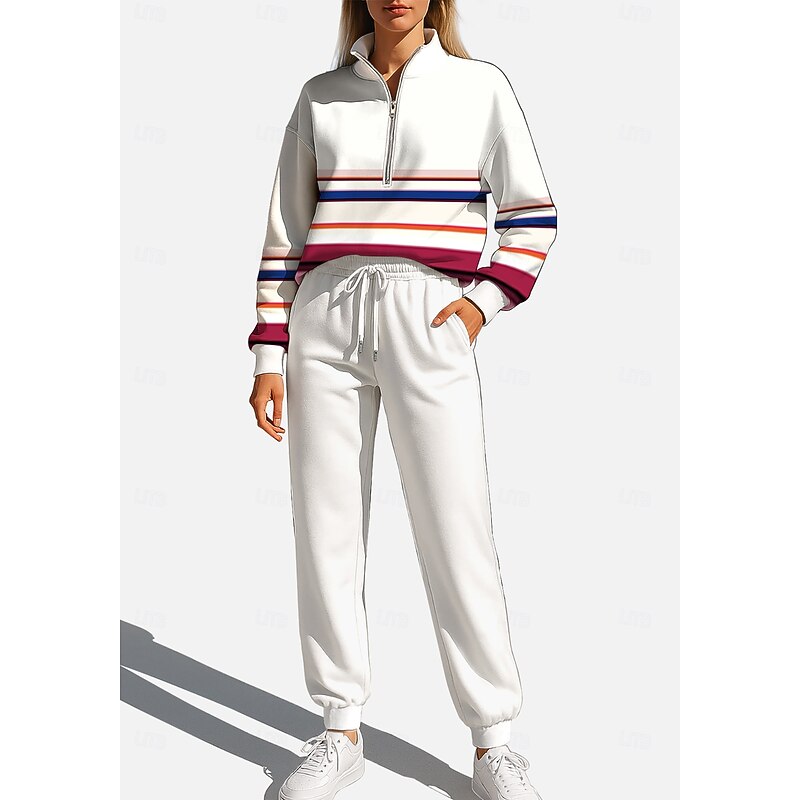 Women's Sweatshirt Tracksuit Sweatsuit Drawstring Zipper Geometric Jacket and Sweatpants Athletic Clothing Set Spring White Casual Workout Outdoor Soft Baggy Long Sleeve Sport Activewear Micro-elastic