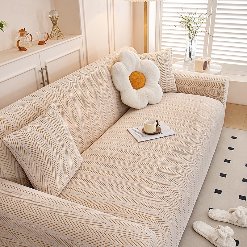 1 Piece Full Package Solid Color Bohemian Style Muxing Jacquard Sofa Cover Elastic Jacquard Sofa Cover Protecting The Sofa From Cat Claws Can Be Used All Year Round Equipped With Pillowcases