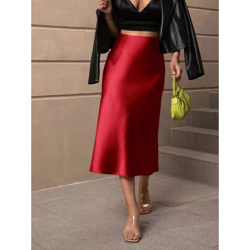 Women's Skirt Bodycon Elegant Fashion Midi High Waist Skirts Plain Micro-elastic Party Street Black Army Green Red Brown Spring Satin Polyester4