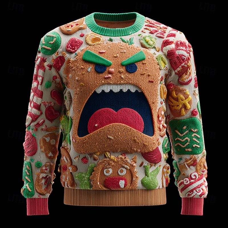 Ugly Christmas Sweater Men's Cartoon Gingerbread Pullover Sweater Jumper Knitwear Crewneck Casual Vacation Daily Festival 3D Print Keep Warm Long Sleeve Spring Fall Winter White Red Green
