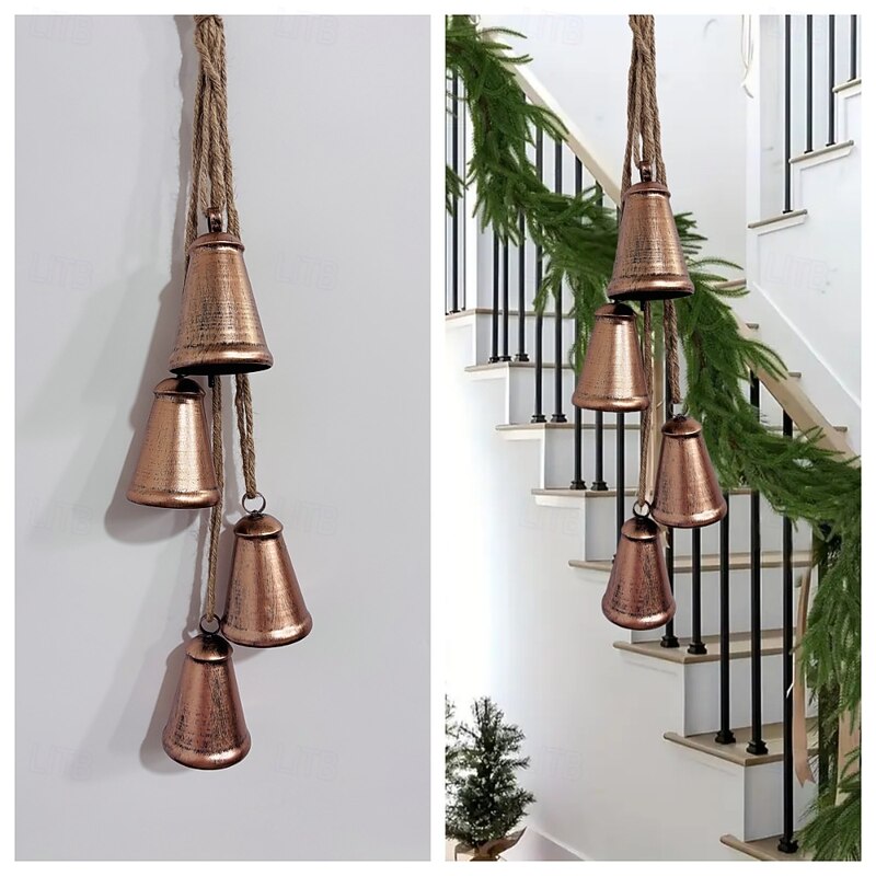 Vintage Cast Iron Christmas Bells Handcrafted Hanging Wind Chimes  Large Hanging Door & Window Decorations with Golden Finish, Rustic Holiday Ornaments for Christmas, Festive Home & Office Decor3