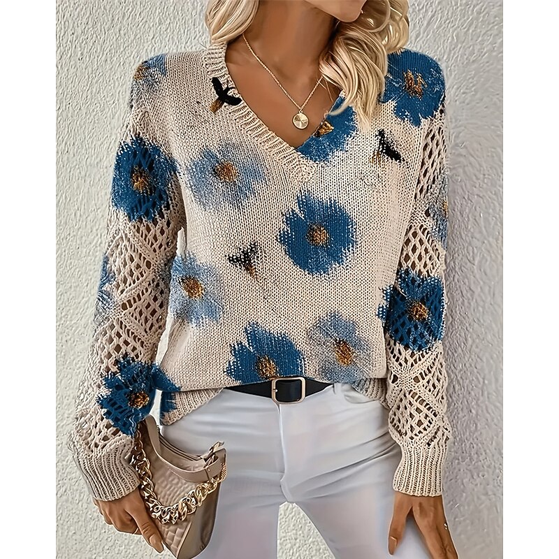 Women's Sweater Fashion Basic Casual Floral Ribbed V Neck Floral Knitted Long Sleeve Regular Tops Knit Outdoor Daily Weekend Blue Fall Winter