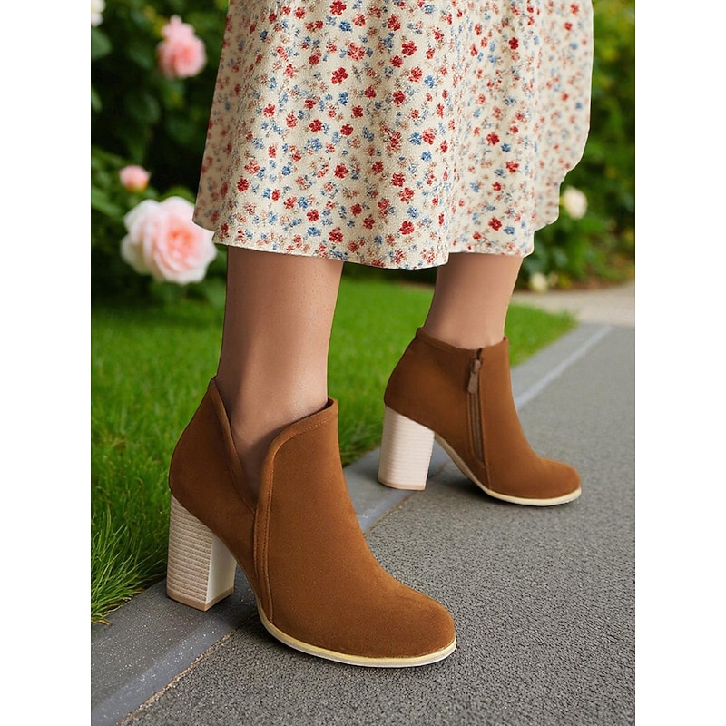 Women's Brown Faux Suede Ankle Boots with Block Heel – Elegant Dress Boots for Daily Wear4