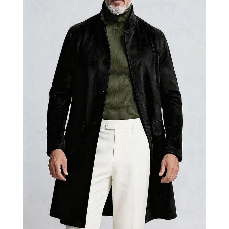 Men's Overcoat Trench Coat Long Trench Coat Vacation Daily Fall Winter Faux Suede Windproof Warm Outerwear Clothing Apparel Fashion Classic Plain Pocket Stand Collar Single Breasted