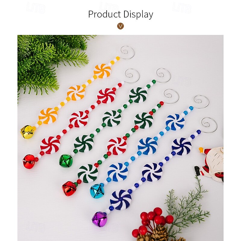 6Pcs Christmas Candy Cane Ornaments, Red and White Lollipop Hanging Decorations with Curly Bells & Beads, Festive Candy Stick Ornaments for Christmas Tree Decor4
