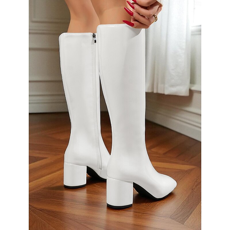 Women's White Knee-High Block Heel Fashion Boots – Chic Retro Long Boots for Parties, Costumes and Stylish Winter Outfits4
