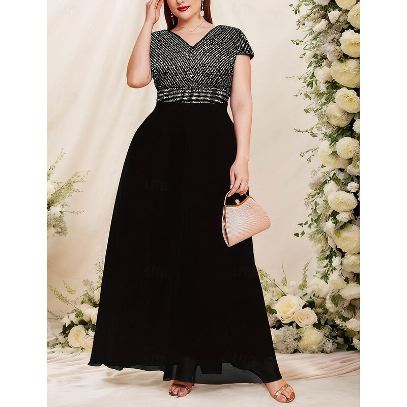 A-Line Mother of the Bride Dress Black Dress Plus Size Sparkle & Shine V Neck Ankle Length Sequined Polyester Short Sleeve with Color Block4