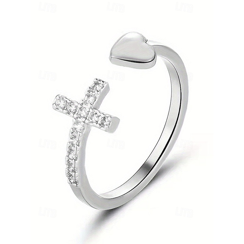 Women's Heart and Cross Ring – Adjustable Silver Plated Open Band with Cubic Zirconia, Minimalist Jewelry for Ladies & Christmas Gift