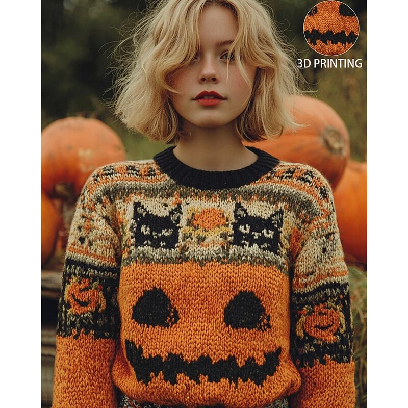 Women's Sweater Vintage Sweater Pullover Daily Casual Animal Pumpkin Ribbed Crew Neck Knitted Print Long Sleeve Regular Tops Knit Outdoor Halloween Orange Fall Winter2
