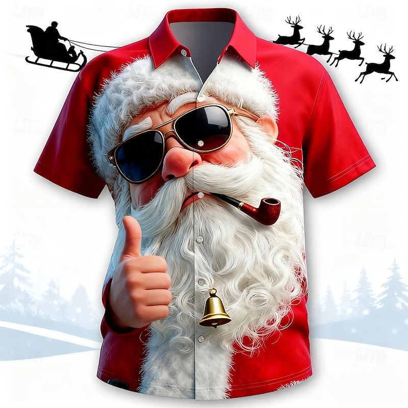 Christmas Men's Santa Claus Human face funny christmas Shirt Button Up Shirt Short Sleeve Funny Outdoor Holiday Summer Spring Turndown 3D Print Collared Shirts Red 1 Red 4 Red 3 Light Red Red
