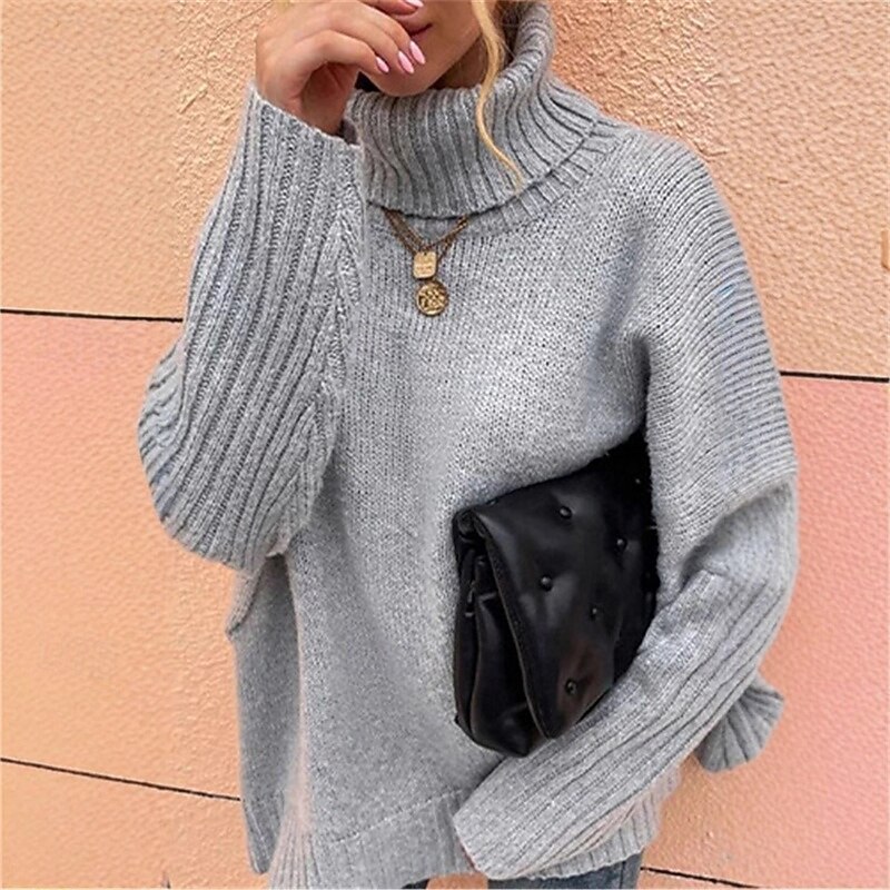 Women's Sweater Pullover Elegant Casual Soft Pure Color Ribbed Crew Neck Turtleneck Knitted Long Sleeve Regular Tops Knit Outdoor Daily Weekend Light Grey Fall Winter